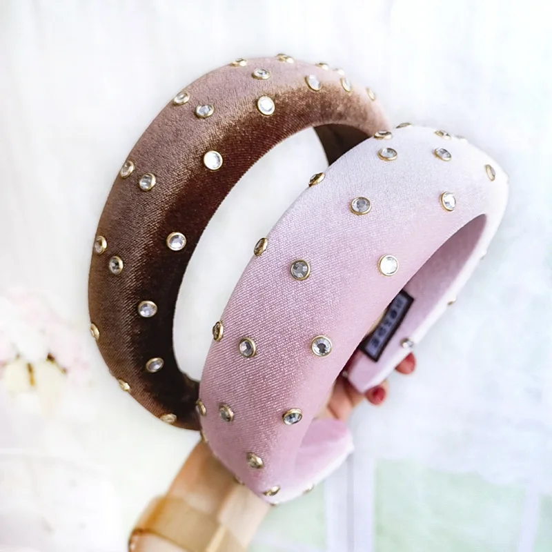 Europe And America Exaggeration Sponge Large Rims Hair Bands Thick Gold Velvet Man-made Diamond Headband C571
