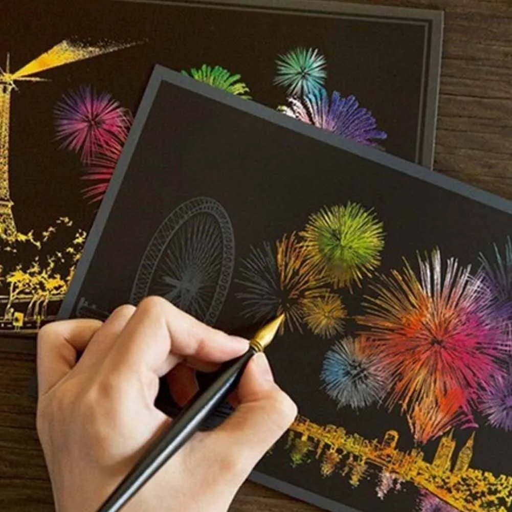 4pcs Engraving Art Scraper Kits Colorful Night View Set Scratch Craft Drawing Paper+ Pen 20*14cm Fireworks Pictures Postcard