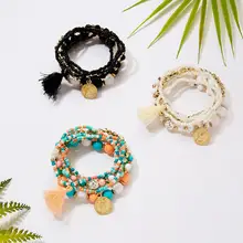 6 частей богемского Mizhu красоты головы Монета браслет кисточкой многослойный браслет ювелирные изделия для леди девушки элегантные подарки