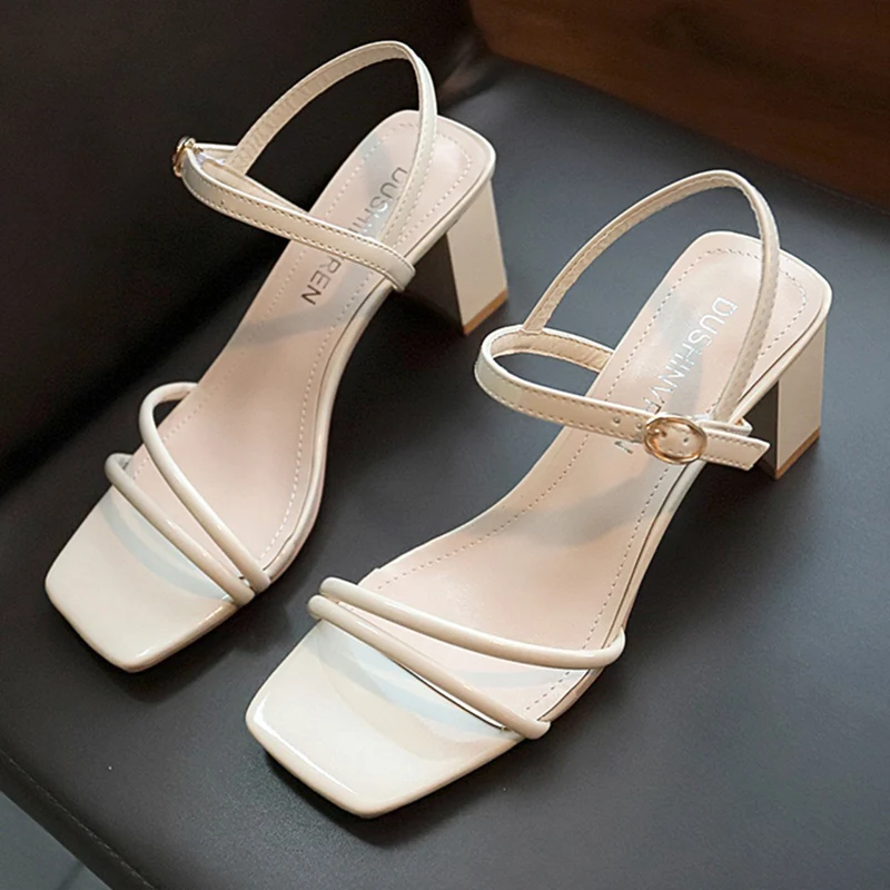 

High Heels White Sandals Women Summer 2019 Rope Ankle Strap Sandals Ladies Square Heels Classics Women Shoes Yellow Slippers