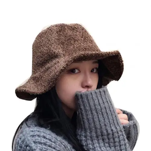 Коричневый Зимняя модная женская однотонная теплая Повседневная шерстяная шапка-ведро с широкими полями, Рыбацкая шапка, теплая Повседневная Кепка с оборками для женщин - Цвет: Коричневый
