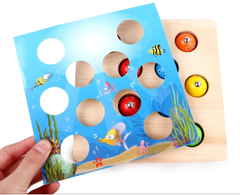 Solid Wood Children 3D Fishing Toys Pool Set GIRL'S And BOY'S 1236-Year-Old Baby Kitten Fishing Game Magnetic