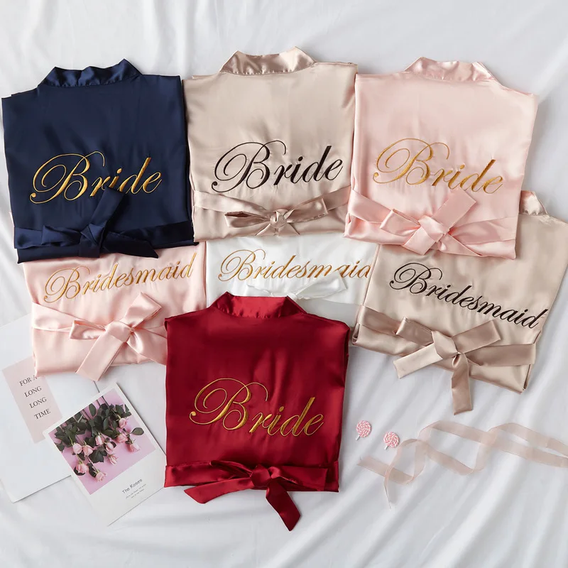

Champagne Embroidery Bride Wedding Robe Satin Women Kimono Bathrobe Sexy Sleepwear Bridesmaid Dressing Gown Casual Nightdress