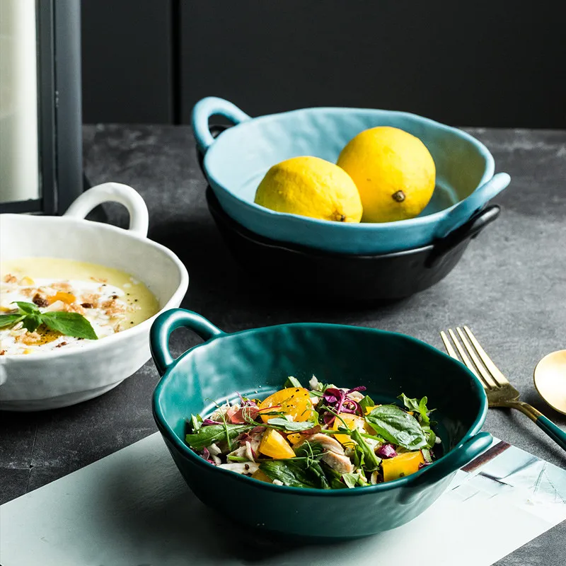

NIMITIME Nordic Style Matte Binaural Bowl Ceramic Soup Ramen Retro Salad Hammer Bowl Household Tableware