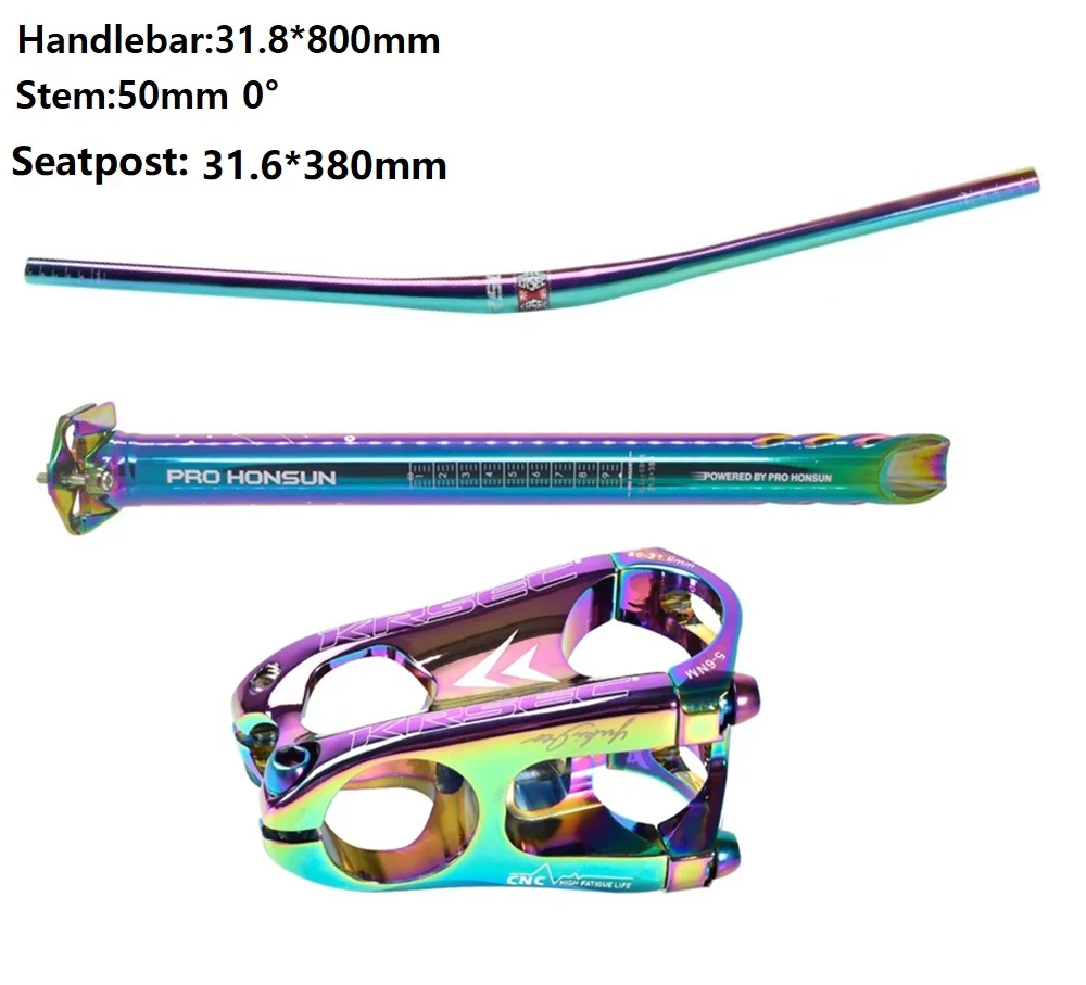 31.6mm Set Цветной руль для горного велосипеда, набор для велосипеда, руль 800 мм, стержень 50 мм, подседельный штырь 380 мм, велосипедный горный шоссейный велосипед, набор в цветах радуги, запчасти - Цвет: 31.6mm Set