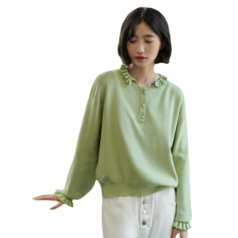 Women's Sweater Preppy Autumn New Sweet Ruffled Solid Color Sweater Fashion Trend Sweater  Lapel Long-sleeved Women Sweater