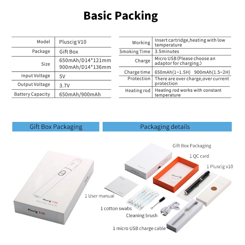 Оригинальная электронная сигарета Pluscig V10 с ручкой для электронных сигарет 900 мАч, комплекты аккумуляторов, Совместимость с брендом IQO, нагревательная палочка для табака toba 1