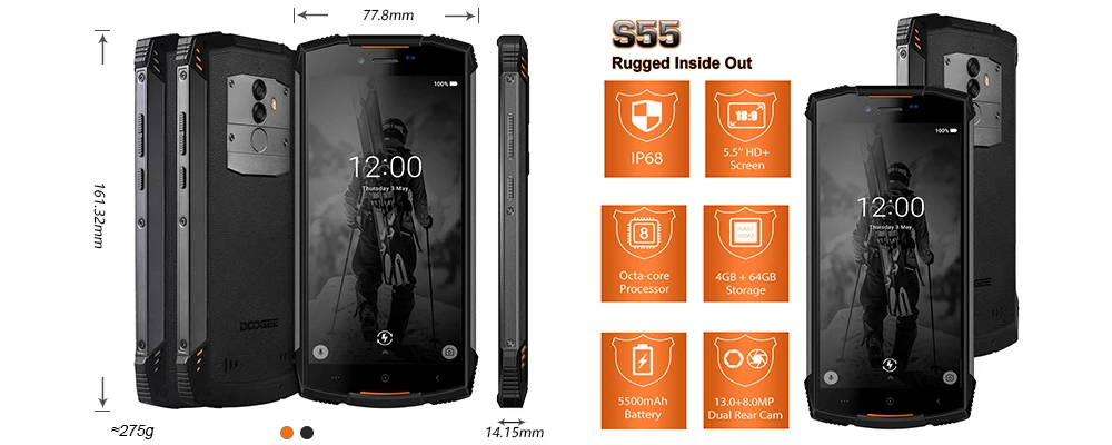 DOOGEE S55 IP68 Водонепроницаемый противоударный мобильный телефон 5500 mAh 4 GB + 64 GB 5,5 "Android 8,0 Octa Core 5V2A Быстрый Зарядное устройство смартфон