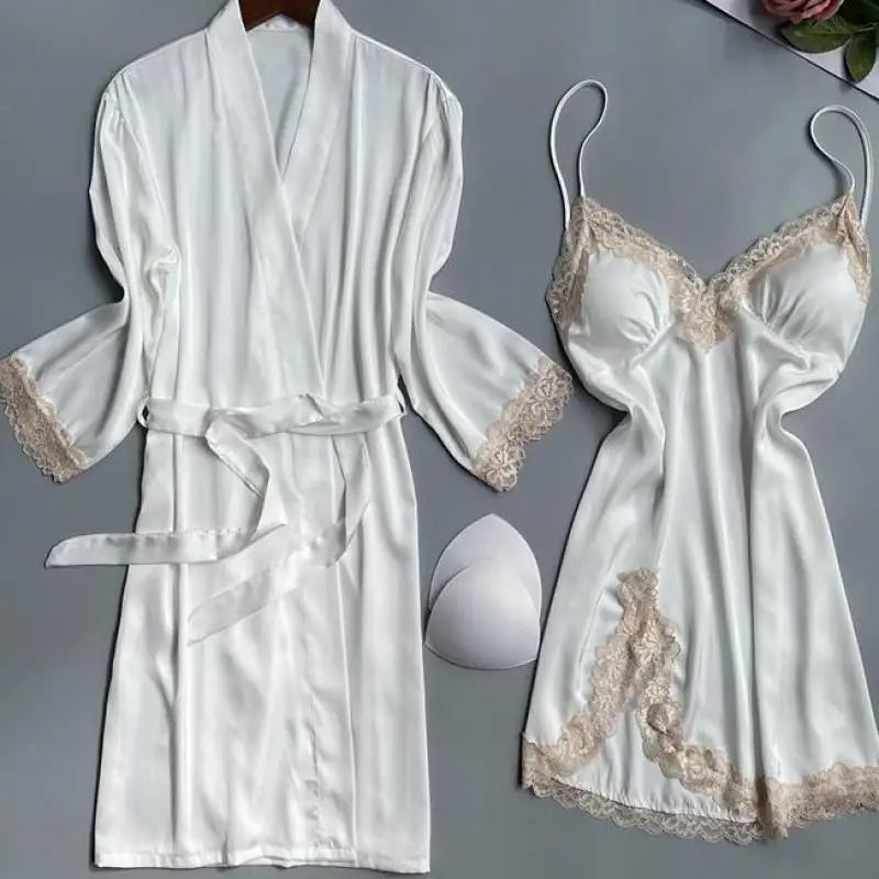 Bridal Wedding Robe Set Women Satin Full Slip Lace Kimono Bath Gown Bridesmaid Wedding Bathrobe&Nightgown Set Loungewear