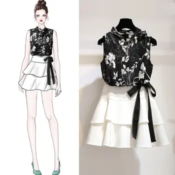 

Women 2020 Summer Two Piece Top and Skirt Set Floral Sleeveless Top + Tenue Sexy Mini Skirt Temperament Elegant Chic Woman Sets