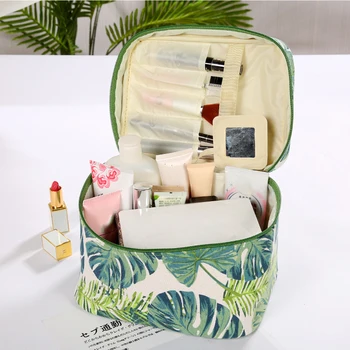 

Fresh Wash Multi Shape Travel Practical Zipper Closure Canvas Cosmetic Bag Leaf Print Simple Home Fashion Large Capacity