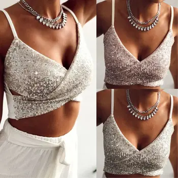 

Sexy Women Ladies Sequin Vest Tank Tops Sparkle Glitter Lace Mesh V- Neck Party Crop Top Night Clubwear Fashion Summer 2020 new