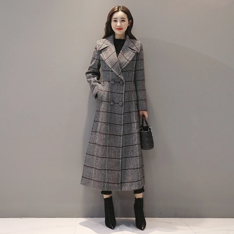 Женское осенне-зимнее пальто, теплое шерстяное двубортное пальто, женские пальто, клетчатая модная куртка, верхняя одежда размера плюс