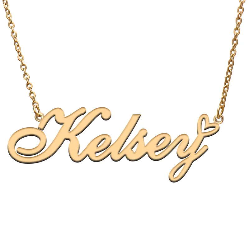 

Kelsey with Love Heart Name Necklace for Women Stainless Steel Jewelry Nameplate Pendant Femme Mother Child Girls Gift