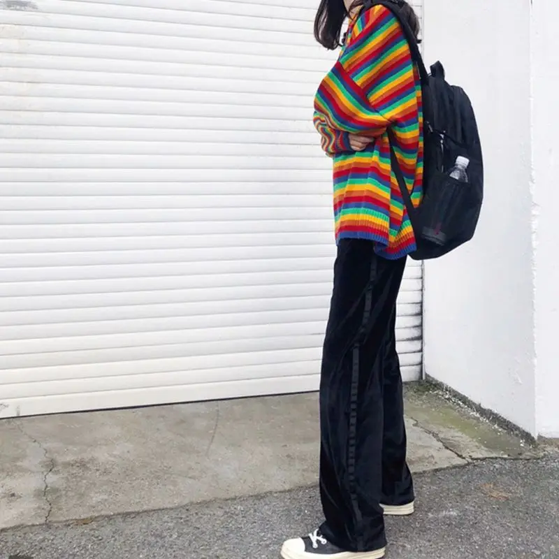 Women Teens Autumn Long Sleeve Knit Sweater Korean Harajuku Rainbow Stripes Patchwork Loose Jumper Hip Hop Pullover Tunic Tops