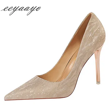 

2019 New Autumn Women Pumps High Thin Heel Pointed Toe Shallow Bling Bridal Wedding Women Shoes Gold Sexy Ladies High Metal Heel