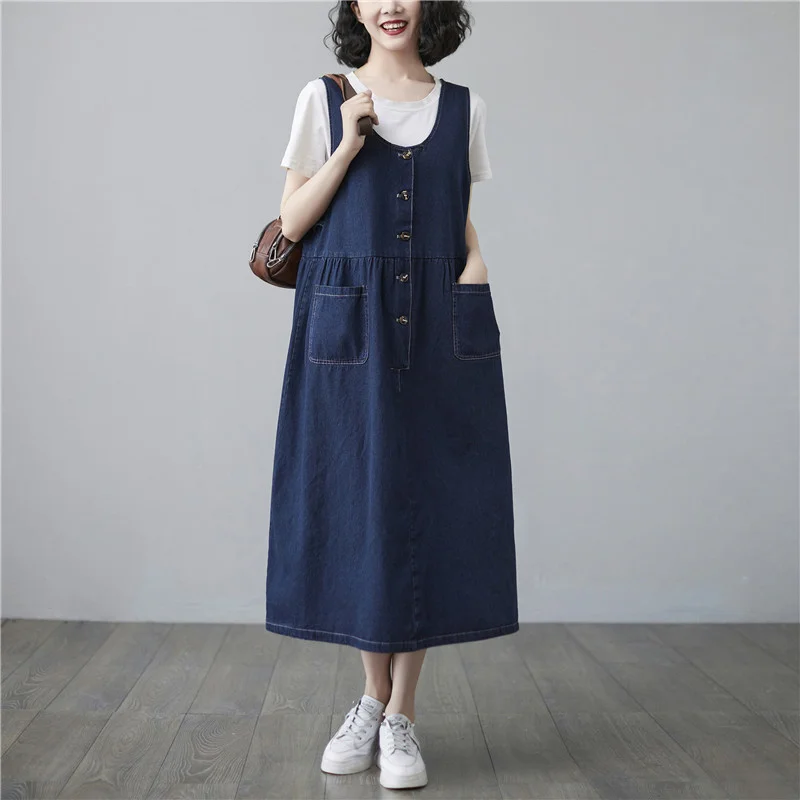 #2119 Spring Summer Denim Overalls Dress Women Sleeveless A-line Jeans Dress Female V Neck Single Breasted Midi Dresses Ladies