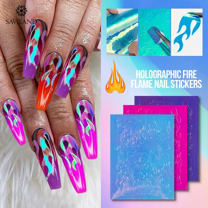 

SAVILAND Newest 16pcs/Set Holographic Aurora Flame Nail Sticker Colorful Fire Reflections Self-Adhesive Foils DIY Nails Sticker