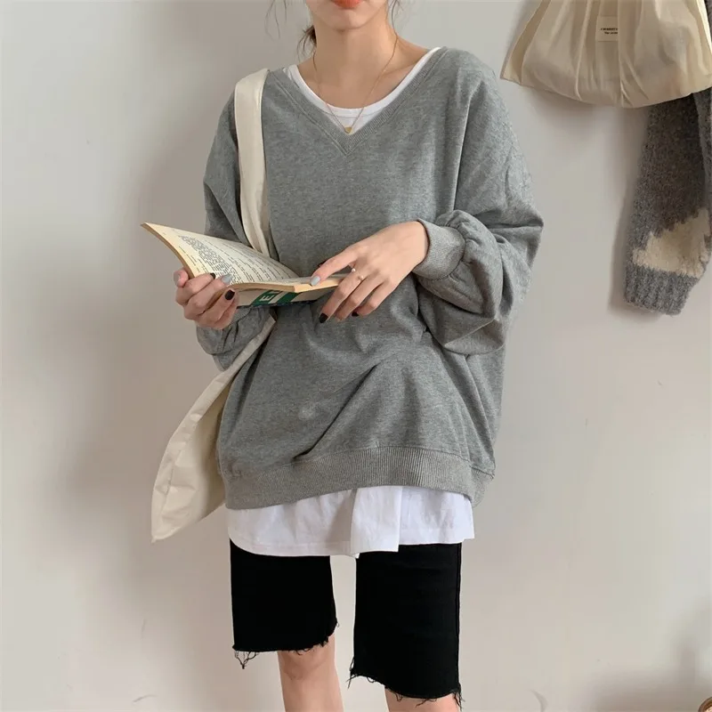 Koreangrey Cotton Loose Sweatshirts Fashion Streetwear Basewear 2021 Office Lady Autumn Full Sleeves Femme Chic Tops tide