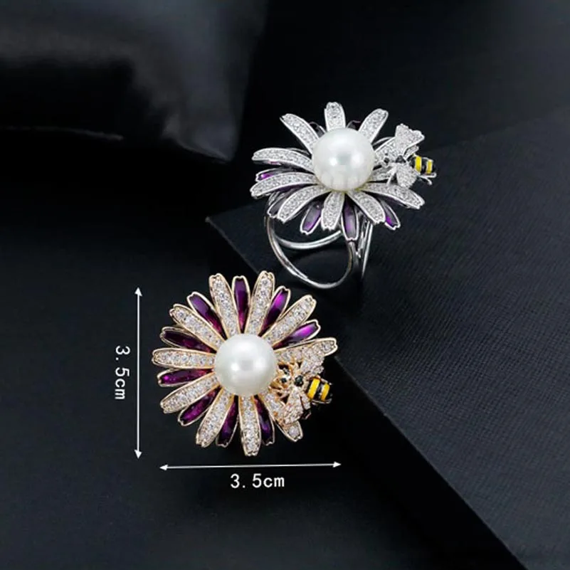 Модное милое кольцо в виде пчелы с цветком для шарфа высококачественные металлические булавки ювелирные изделия с искусственным жемчугом и кубическим цирконием