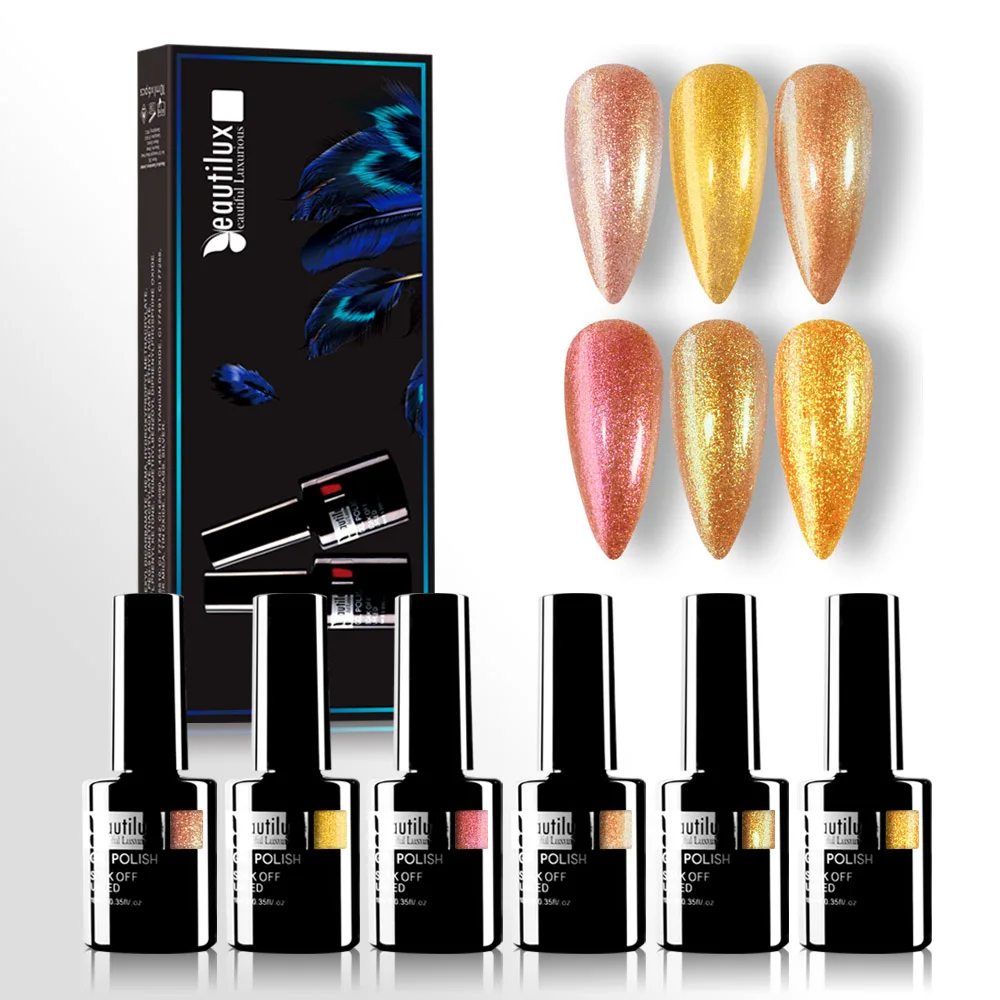 

Beautilux Gel Nail Polish Kit Golden Color Collection Rose Gold Glitter Semi Permanent Nails Lacquer UV LED Gels Varnish 6x10ml