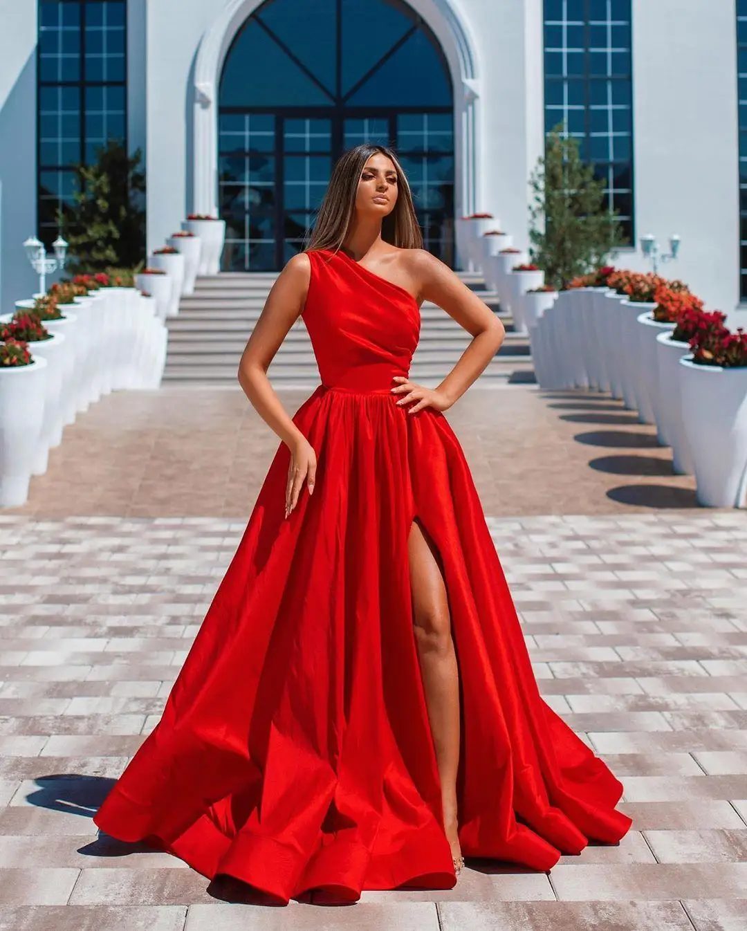 

BridalAffair, праздничное красное ТРАПЕЦИЕВИДНОЕ длинное платье для выпускного вечера с Боковым Разрезом, платья на одно плечо, праздничное недорогое вечернее платье с рюшами для невествечерние