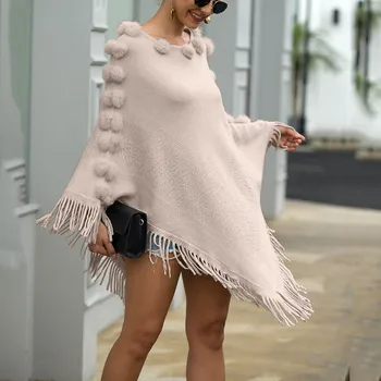 

Women Fashion O Neck Tassel Sweater Solid Hair Ball Fringe Cloak Loose Shawl Sweater Irregular Knit Sweater Women Outwear
