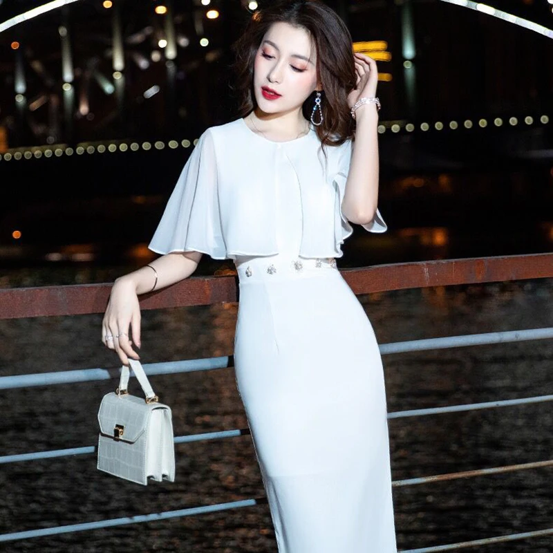 

Prom Dress Ruffles Short Sleeves Knee-Length Zipper Back Simple Mermaid O-Neck White New Plus size Women Formal Party Gown C689