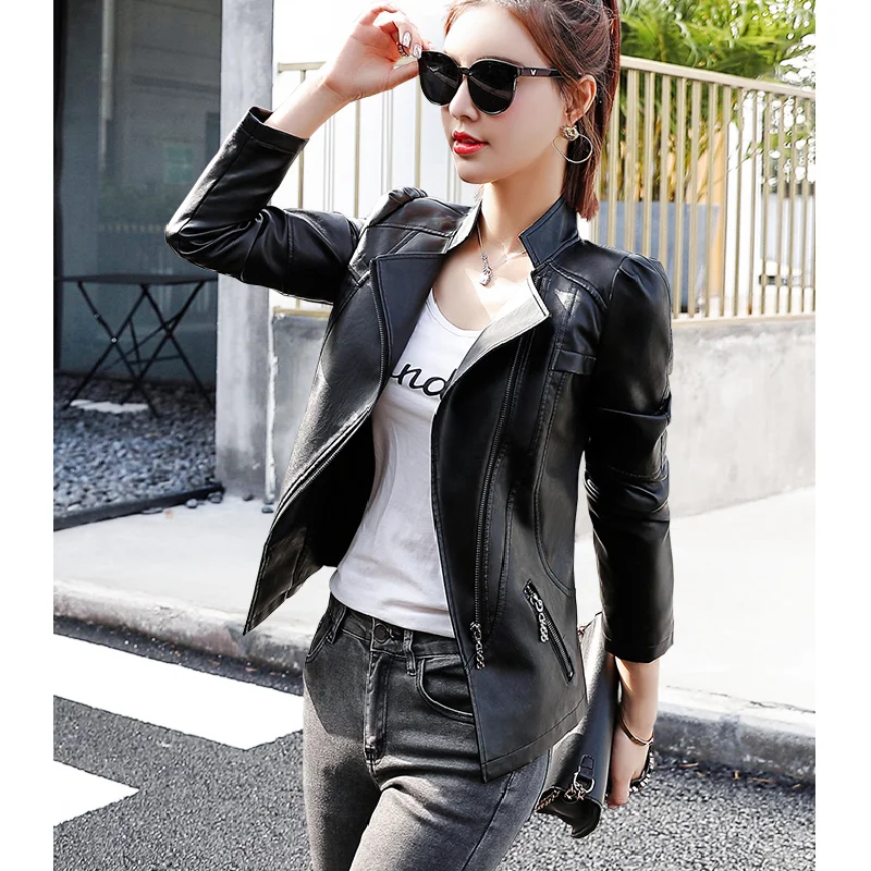 

PU Leather Jacket Female Autumn and Winter Motorcycle Fashion Jacket 4 Color Long Sleeve Zipper Leather Jacket Large Size New