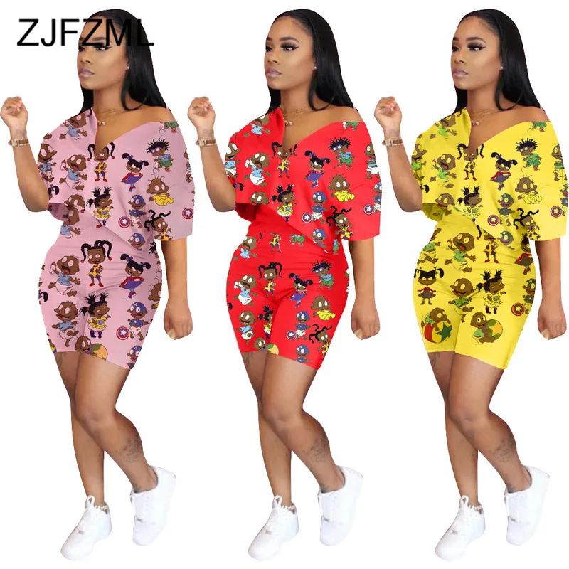 

Cartoon Character Print 2 Piece Set Summer Clothes For Women Deep V Neck Short Sleeve Crop Top And High Waist Biker Short Outfit