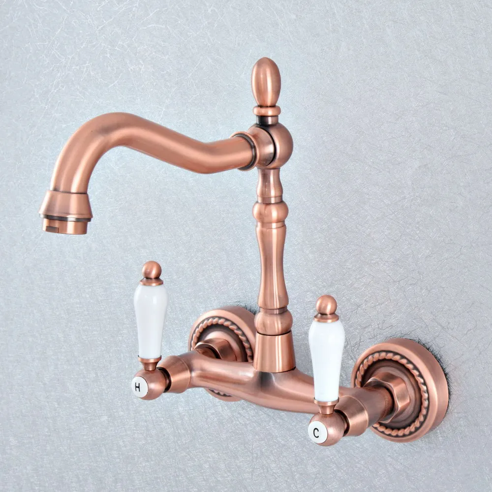 

Antique Red Copper Brass Wall Mounted Kitchen Wet Bar Bathroom Sink Faucet Swivel Spout Mixer Tap Dual Ceramic Handles asf882