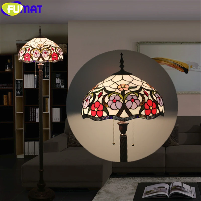 FUMAT Tiffany Floor Lamp Gemstone Morning Glory Creeper Stained Glass Lampshade Multe Color Light European Retro Style Alloy Fram Dia 16 Inch Lamps 11