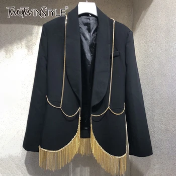 

TWOTWINSTYLE Casual Patchwork Tassel Women Blazer Notched Long Sleeve Loose Hit Color Suit Female Clothing Fashion Clothing Tide
