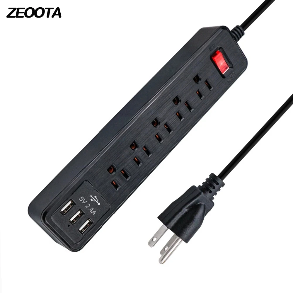 

Electrical Power Strip Surge Protector 5 US Outlets Plug Extension Socket with USB Port Travel Desktop Long Power Cord 2m/6.5ft
