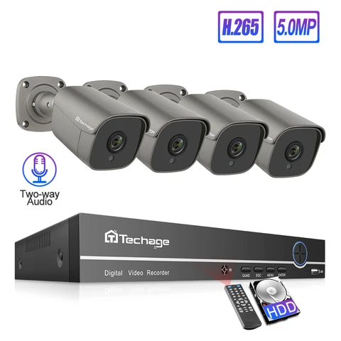 Segurança de Vídeo ao ar Kit de Vigilância Techage Sistema Nvr Câmera ai H.265 Two-way Audio Record ip Cctv Livre 4ch 5mp Poe