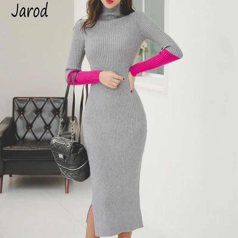 

Autumn winter Sexy Party Patchwork Hit Color Dress Women Knitted Sweater Dress Slim Turtleneck Bodycon sheath Dress Vestidos