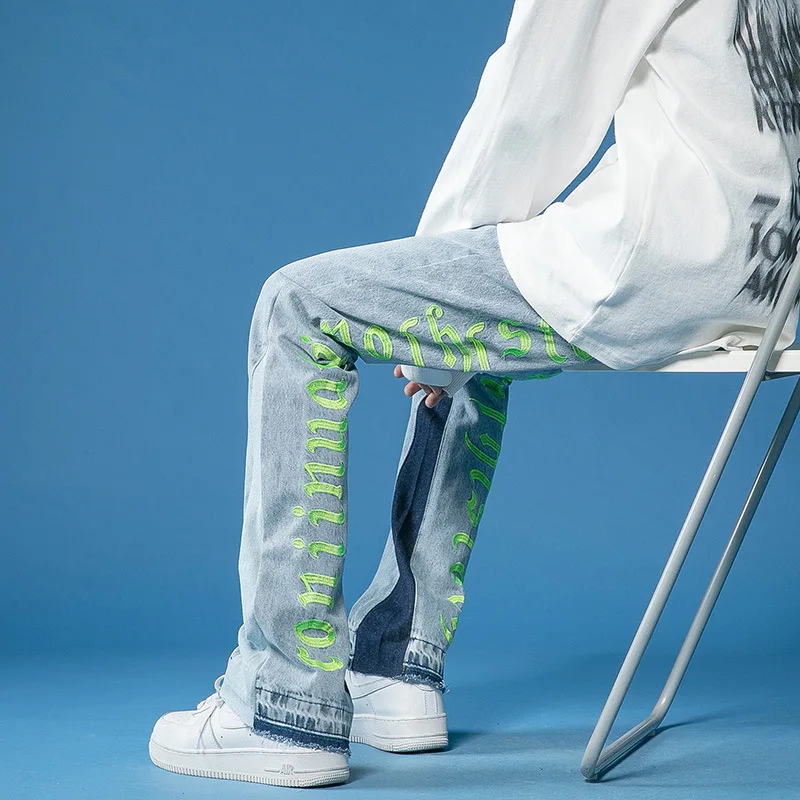 ICCLEK Fall Jeans Men's Loose Pants 2021 Straight Pants Painted Jeans  Jogger Jeans for Men  Mens Jeans Pants   Men Fashion