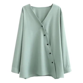 

Long Sleeve Blouse Women 2020 Spring V-neck Loose Tops Female Casual Plus Size Oblique placket Shirt A22-2367