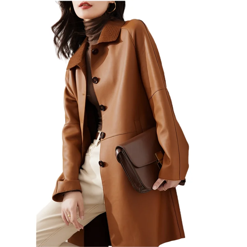 Mid Length Sheepskin Trench Coat for Women, Genuine Leather Coat, Lapel Collar, Belt, Spring, Autumn, OL Fashion women s hooded leather coat genuine sheepskin thick coat medium length leather outerwear casual trench autumn winter