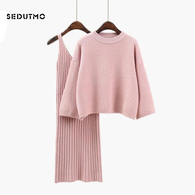 

SEDUTMO Autumn Knitted Sweater Two Piece Set Women Sweater Pullover Top and Dress Suit Slim Elastic 2 Piece Women Set ED845
