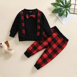 Ensemble de vêtements pour bébé garçon, pull à manches longues + pantalon à carreaux rouge et noir, deux pièces, nouveau Style automne et hiver 