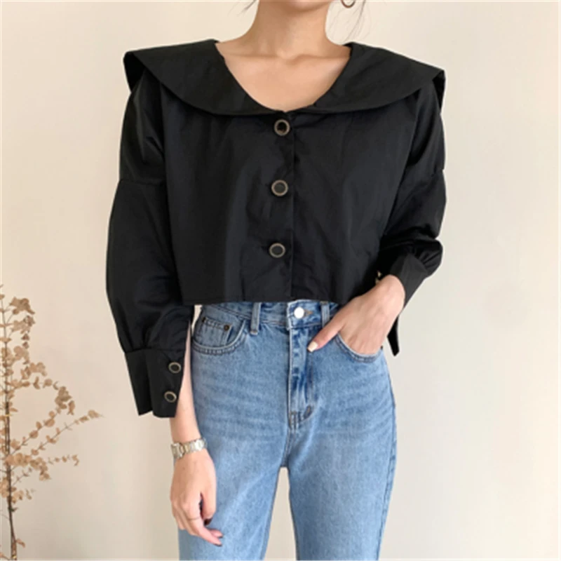 

Chic Peter Pan Collar Simple Solid Shirt for Ladies Elegant All-match Single-blreasted Shirt 2020 New Autumn Shirt for Ladies