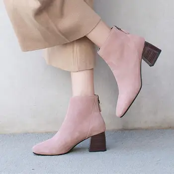 

Female winter boots short tube solid color cowhide plush fashion ankle boots comfortable pointed square heel 6cm women's shoes