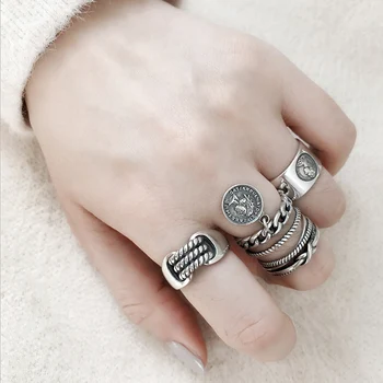 

925 sterling silver index finger rings for women twisted rope retro hipster personality chain coin ring Korean jewelry