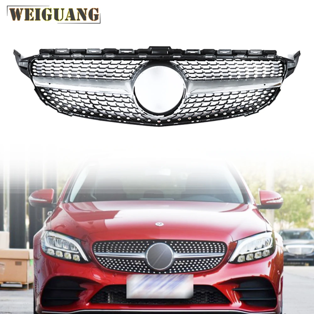 

For MercedesMB C-W205 Grille grill gloss black chromium styling ABS C class amg W205 2019+ Diamonds Front grille without logo