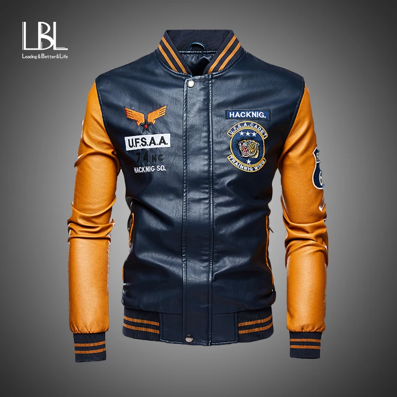 New Leather Jacket Men Bomber Baseball Jackets Biker Pu Coat Faux Pilot Varsity Fleece College Top Leat