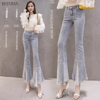

Vintage Plus Size High Waist Flare Jeans Woman Skinny Boyfriend Bell Bottom Denim Pants Female Casual Beading Push up hip Jeans