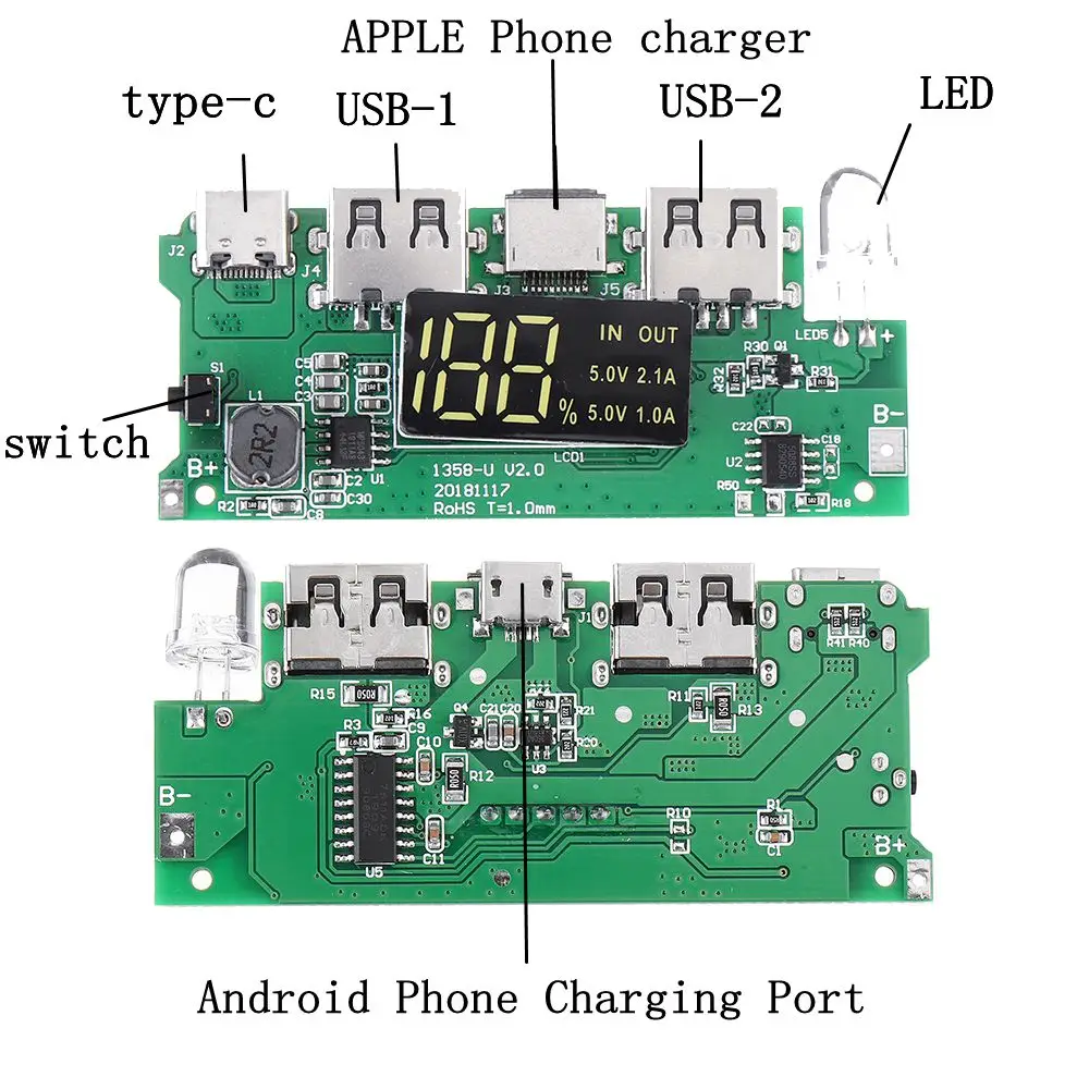 LEORY Dual USB 5 В 2.1A type-C для DIY power Bank 18650 зарядная плата с светодиодный защитой от перезаряда и короткого замыкания