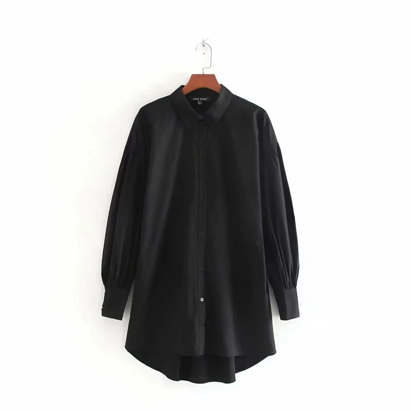 Fashion Women Lantern Sleeve Poplin Shirt Autumn Leisure Lady Turndown Collar Blouse Loose Tops S6655