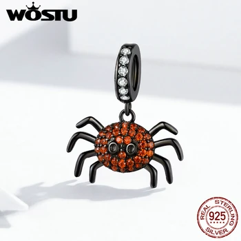 

WOSTU 925 Sterling Silver Black Spider Dangle Charms Red Zircon Beads Fit Original Bracelet Pendant Party 925 Jewelry FIC1416